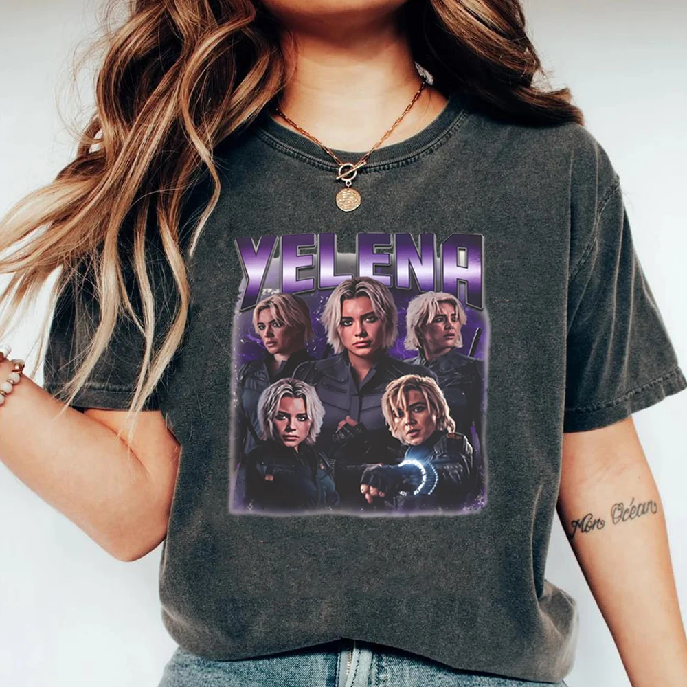 Limited Yelena Belova Thunder-bolts 셔츠 레트로 슈퍼 히어로 그래픽 티 MCU Florence Pugh Tee 트렌디 한 반소매 Tshirt 팬 선물