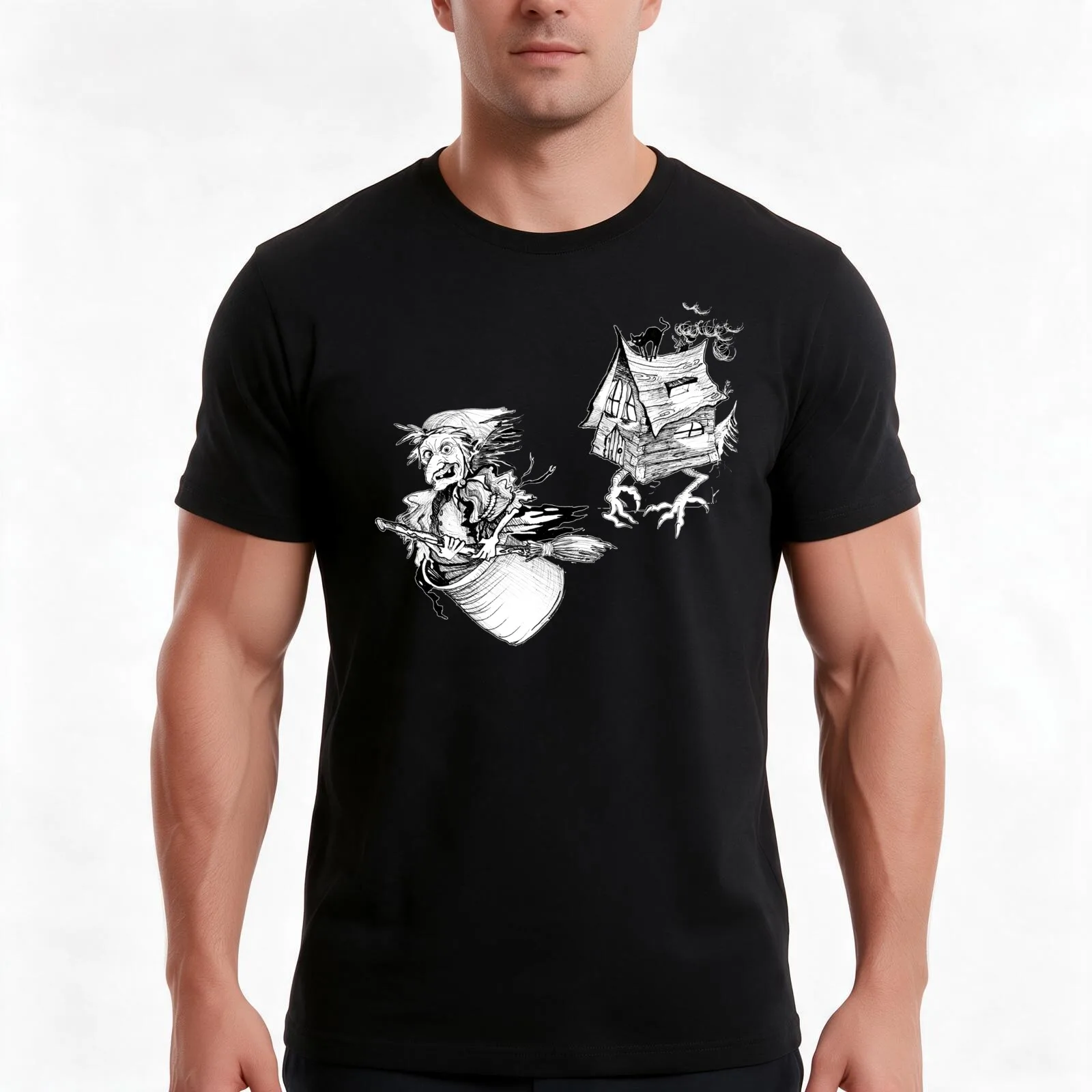 Baba Yaga and the house on chicken legs T-Shirt, Summer Casual Cotton Tee, Oversized Streetwear Tops, Vintage Graphic Print