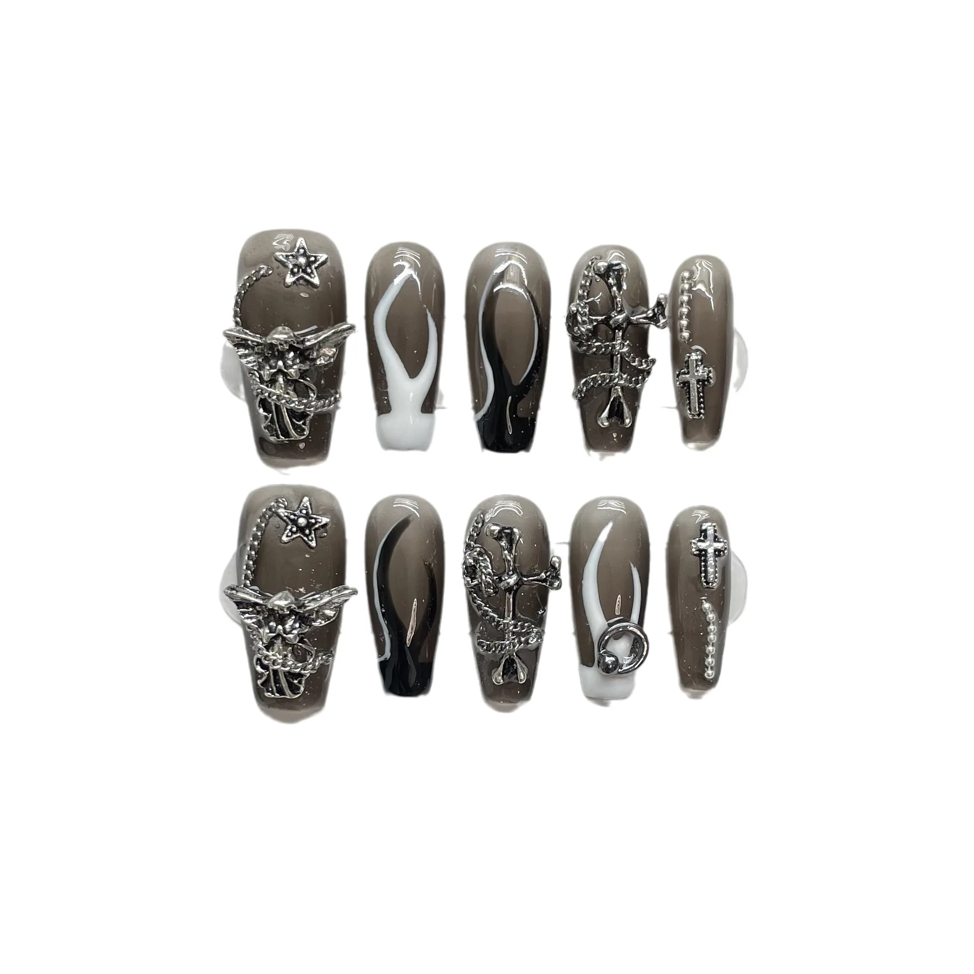 10 PCS Luxury Handmade Press on Nails Middle Trapezoid Flame Design False Nails with 4-PIECE Tool Adhesive Nail Glue Tabs