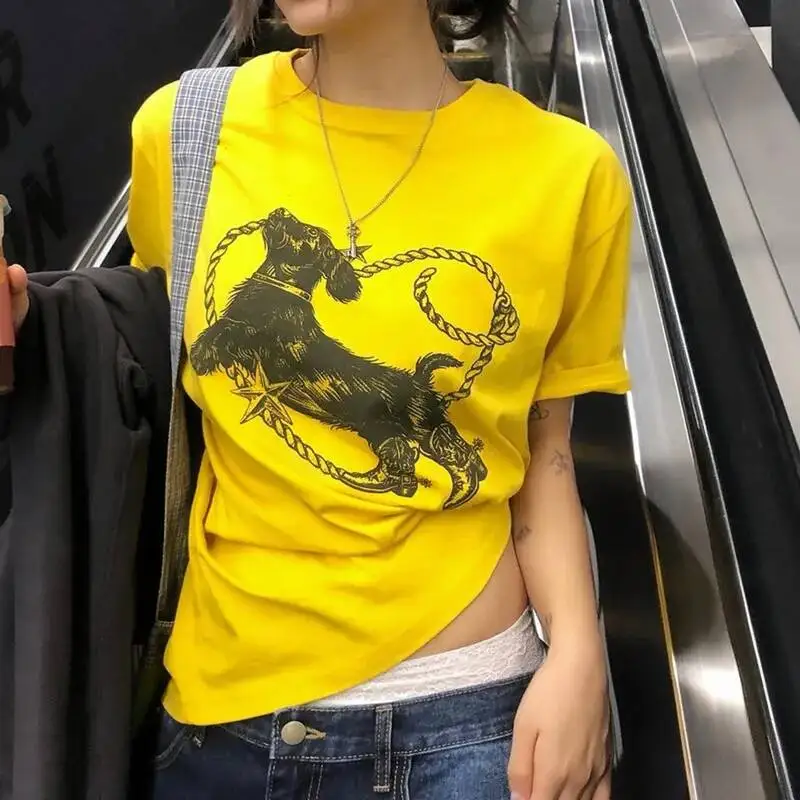 Short Sleeved T Shirt Women Solid Color High Elasticity Waist Cinching Slimming Sweet Puppy Print Top Summer Casual Comfortable