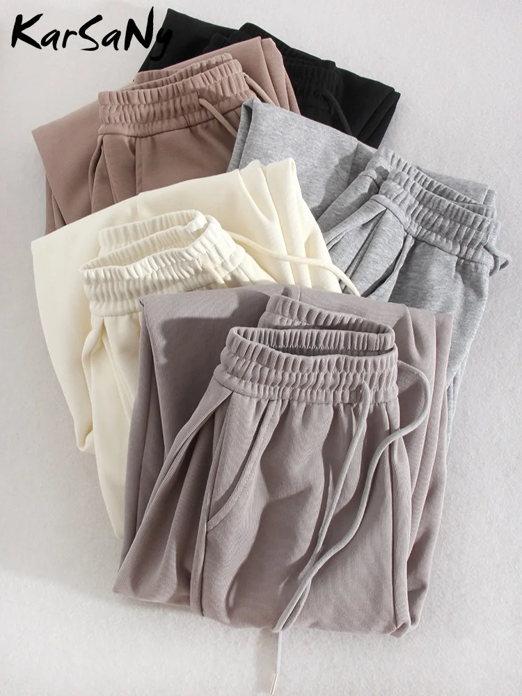 Autumn Wide Leg Pants Women Elastic High Waisted With Drawstring Casual Loose Solid Color Cotton Sporty Style Pant For Girls