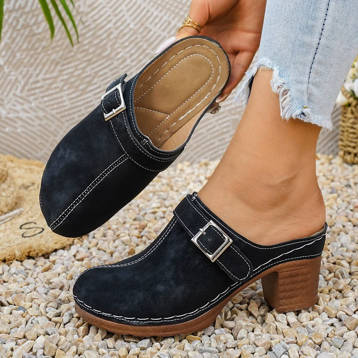 Damen Mules Pantoletten mit hohem Blockabsatz, geschlossene Zehenpartie, zum Hineinschlüpfen, Vintage, Sommer, lässig, bequeme Gehschuhe, Größe 36-43 – Detail 6