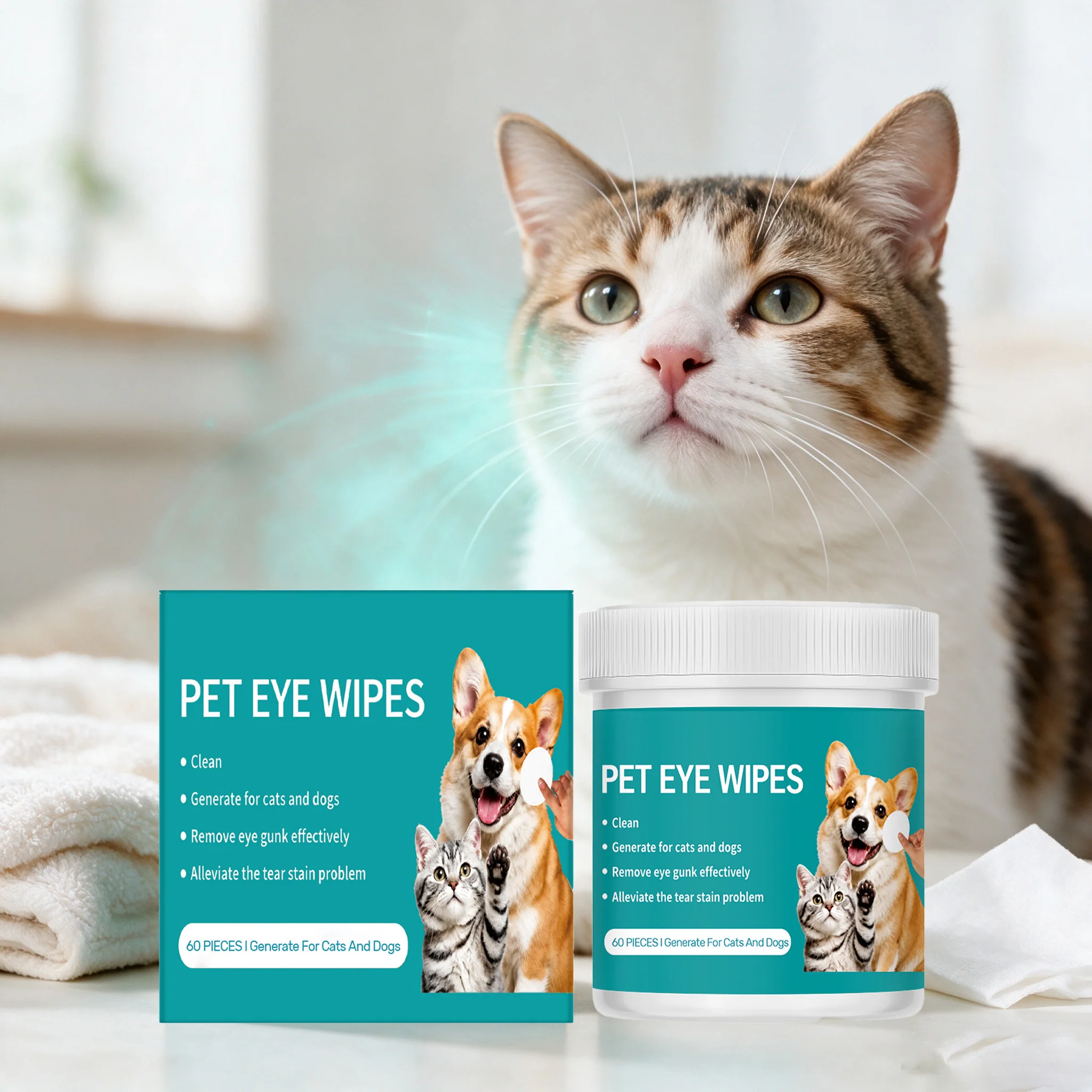 60PCS Pet Eye Cleaning Wipes Gentle Remove Eye Stains Non-irritating Cleaning Tear Stains Soothing Discomfort Pet Eye Clean Wipe