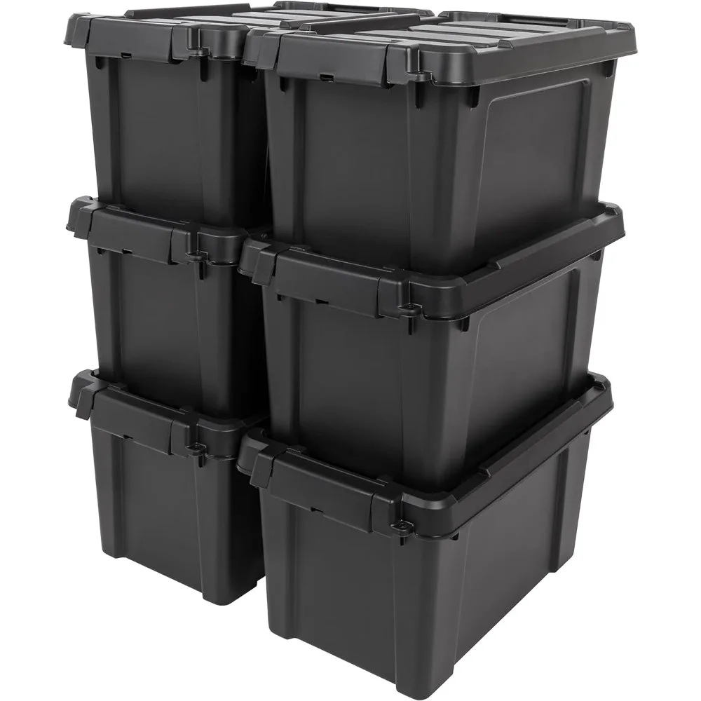 USA 5 Gallon Lockable Storage Totes with Lids, 6 Pack - Black, Heavy-Duty Durable Stackable Containers, Large Garage Organizing