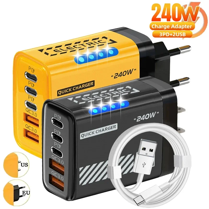 240w Gan Fast Charger With Led Light 5 In 1 2usb+3type-C Multi Port Phone Charger For Iphone15-17Series Samsung Huawei Xiaomi 15