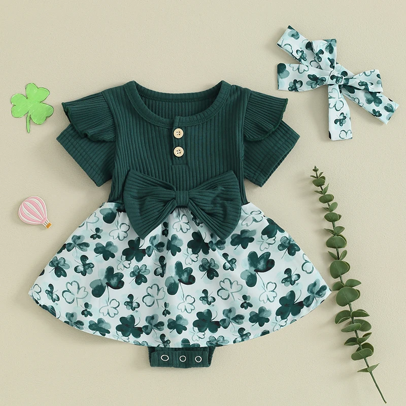 Newborn Baby Girl St Patrick s Day Outfit Clover Romper Dress Ruffle Short Sleeve Jumpsuit Bodysuit with Headband