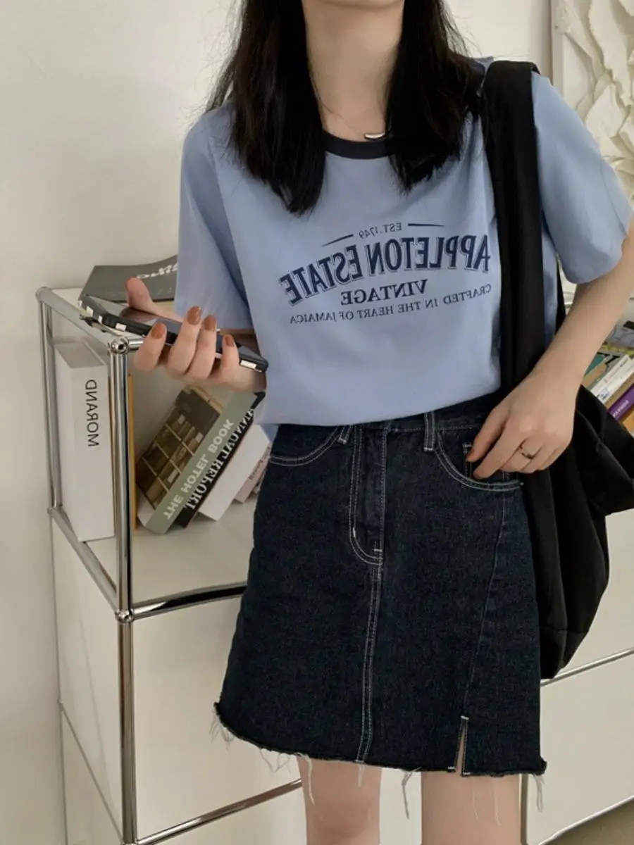 American Color Block round Neck Short Sleeve T Shirt Women Summer Letter Print Loose Short Vintage Student Top Ins Style