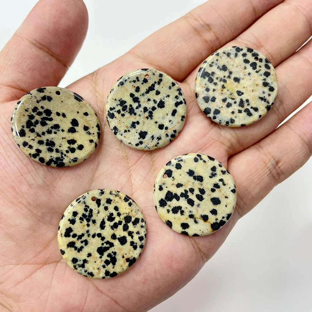 Fashion 30MM Natural Round Dalmatian Gem Stone Pendant Black Dot Jaspers Slice Charms for Jewelry Making DIY Necklaces Accessory