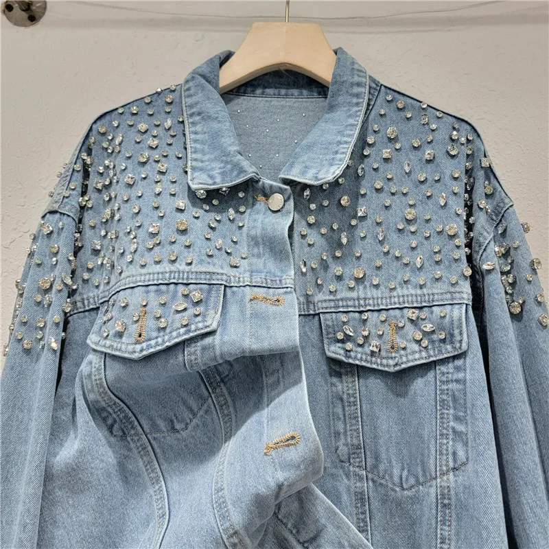 Women Diamonds Beaded Denim Jacket Retro Washed Crystal Jeans Coat Long Sleeved Rhinestones Cowboy Cardigan Single Breasted Tops