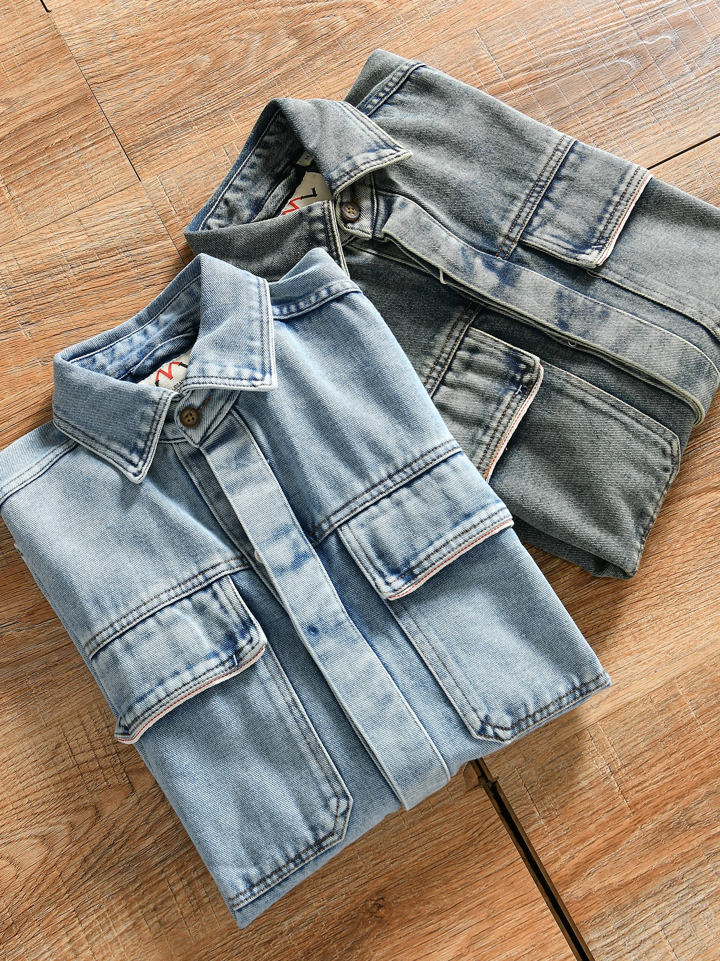 Retro Workwear Long Sleeve Men's Denim Shirt Casual Washed Heavyweight Ameika Style Autumn Trendy Loose Fit Pocket Design