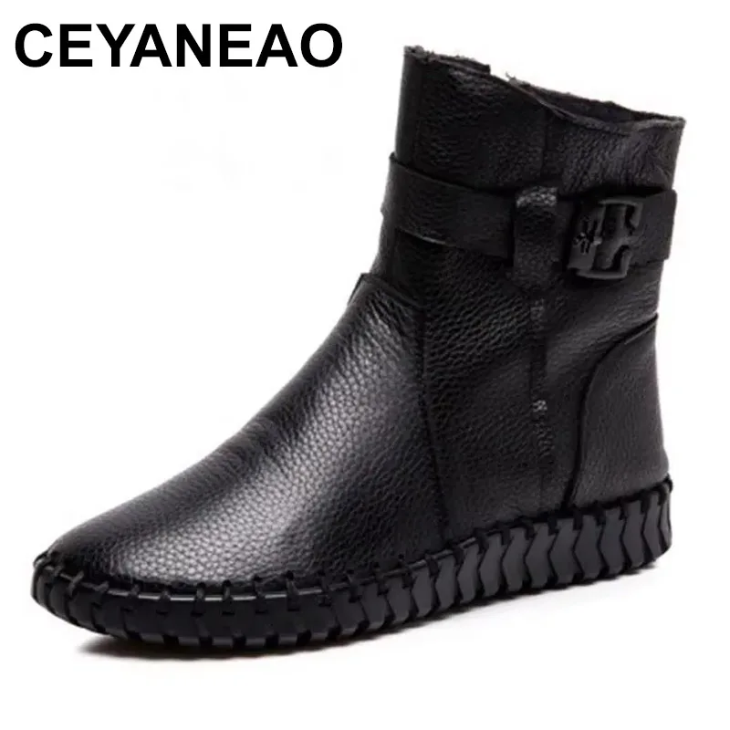 

2025 Autumn Winter Ankle Boots Yellow Black Genuine Leather Comfortable Casual Shoes Woman Zipper Round Toe Flat Boots