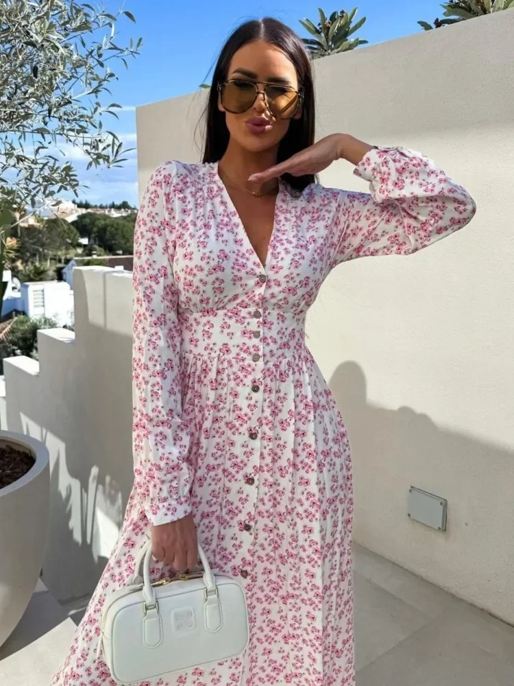 الحلو Preppy نمط الأزهار طباعة فستان طويل المرأة موضة الخامس الرقبة زر كم طويل قميص فستان الربيع فساتين الحفلات غير رسمية