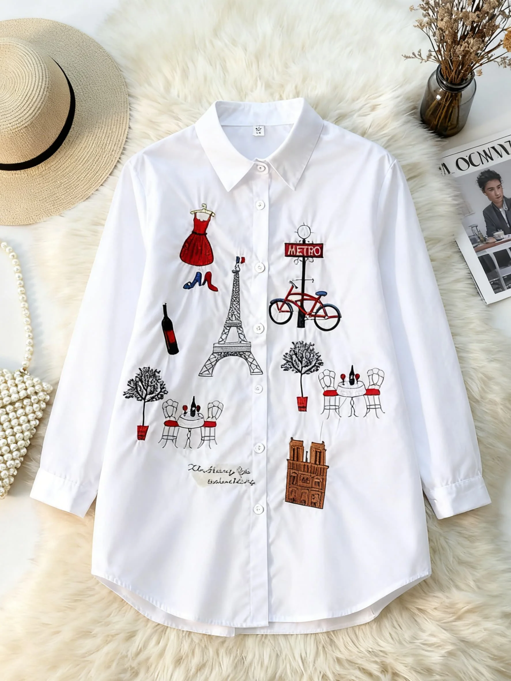 

New 2026 Chic Office Lady Elegant Embroidery Vintage Tops White Women Shirt Long Sleeve Blouse Turn Down Collar Clothing