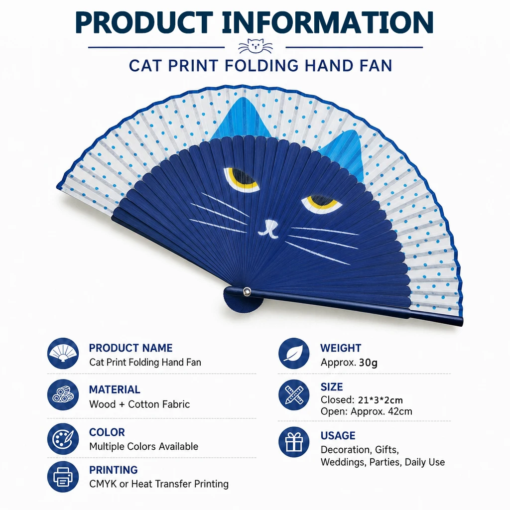 Japanese Style Folding Hand Fan for Women, Cat Pattern Bamboo Silk Fan, Great for Cooling Decor Party Church Wedding Gift - view 2