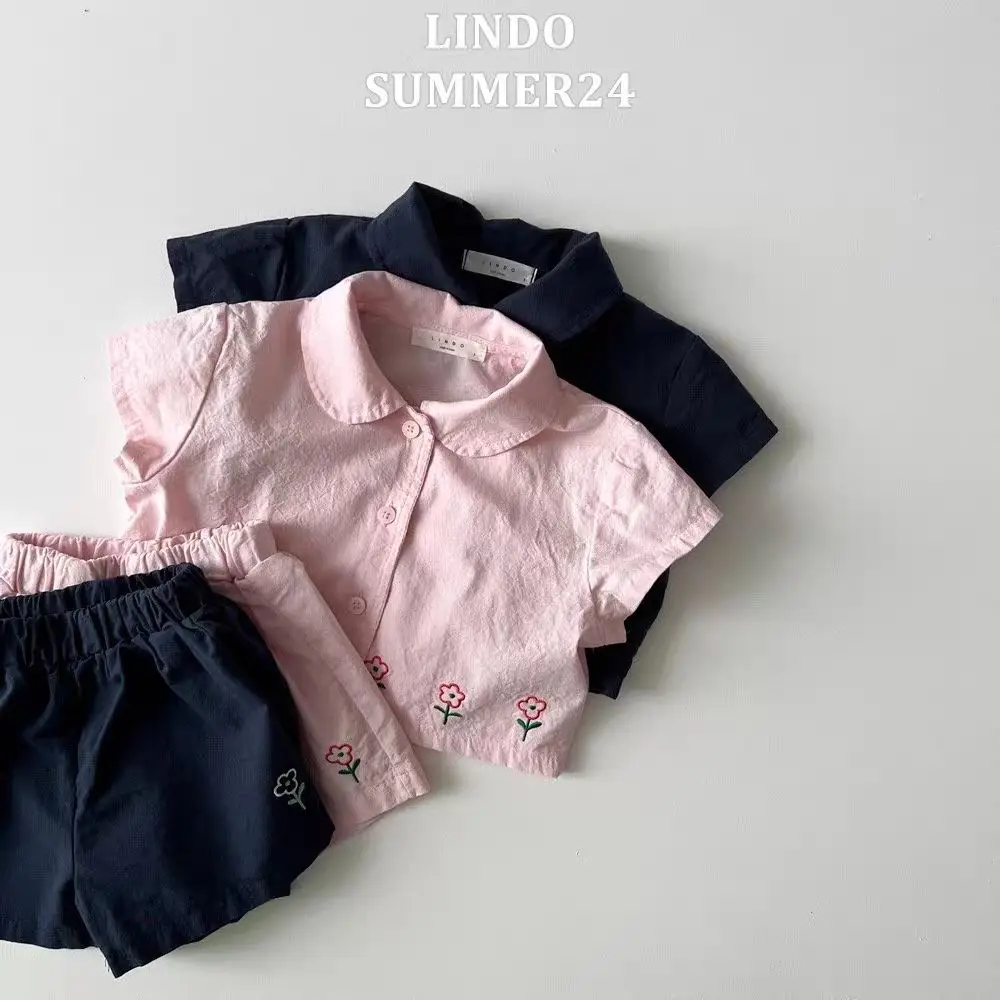 

Girls Suit 2025 Summer New Childrens Clothing Korean Style Girl Baby Cute Embroidery Small Flower Shirt Cardigan Shorts Two Sets