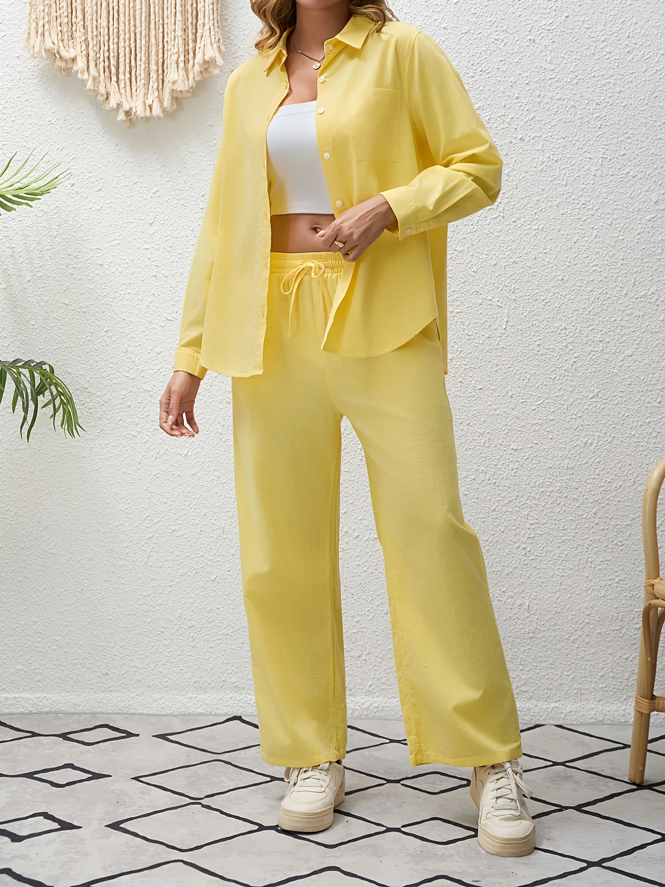 

Summer Women's Bamboo Cotton Set: Loose Blouse + Wide Leg Pants, Light Yellow Casual Outfit for Home & Daily