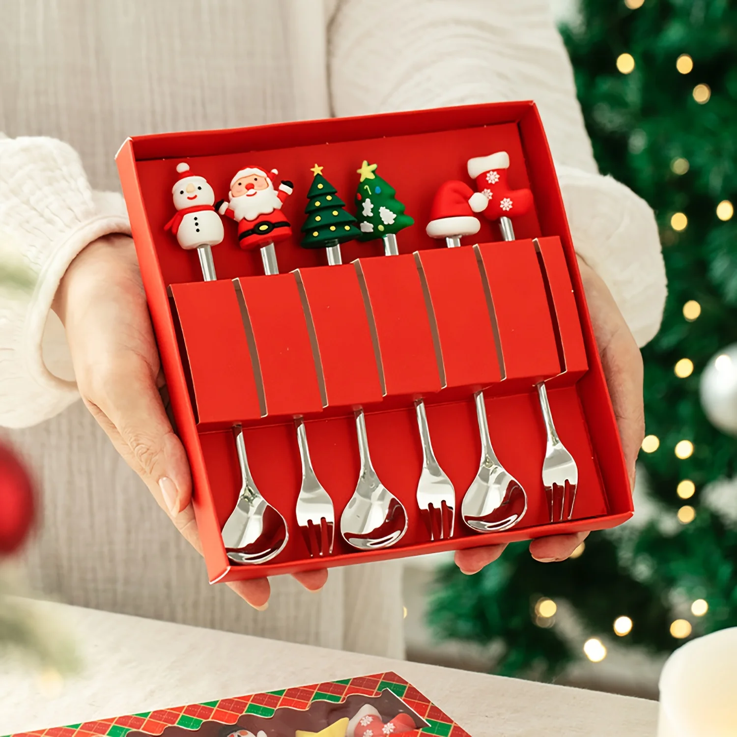 1 ensemble de fourchettes et cuillères de Noël créatives, en acier inoxydable, pour café, thé, dessert, ensemble cadeau