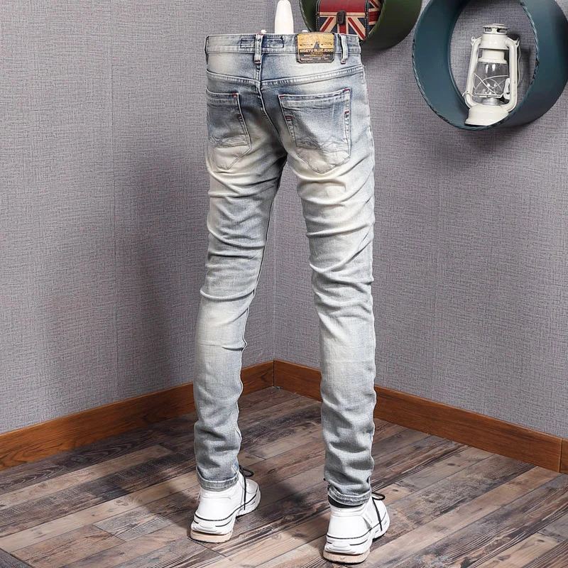 Streetwear Fashion Men Jeans Retro Light Gray Blue Elastic Slim Fit Ripped Jeans Men Vintage Designer Casual Denim Pants Hombre