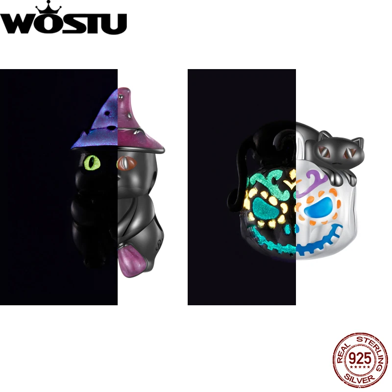 

WOSTU 925 Sterling Silver Halloween Witch Cat Charm Black Enamel Luminous Pumpkin Bead Fit Original Bracelet DIY Jewelry Gift