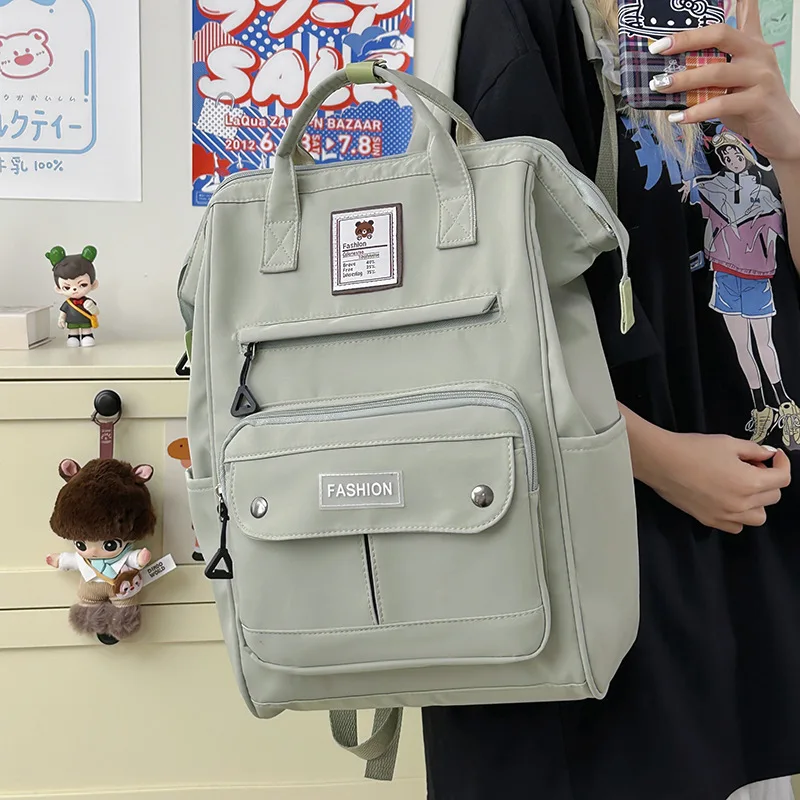 Middle School Student School Bag Girls Cute Backpack Solid Nylon Daypack Handheld Book Bag Large-Capacity Casual Travel Rucksack