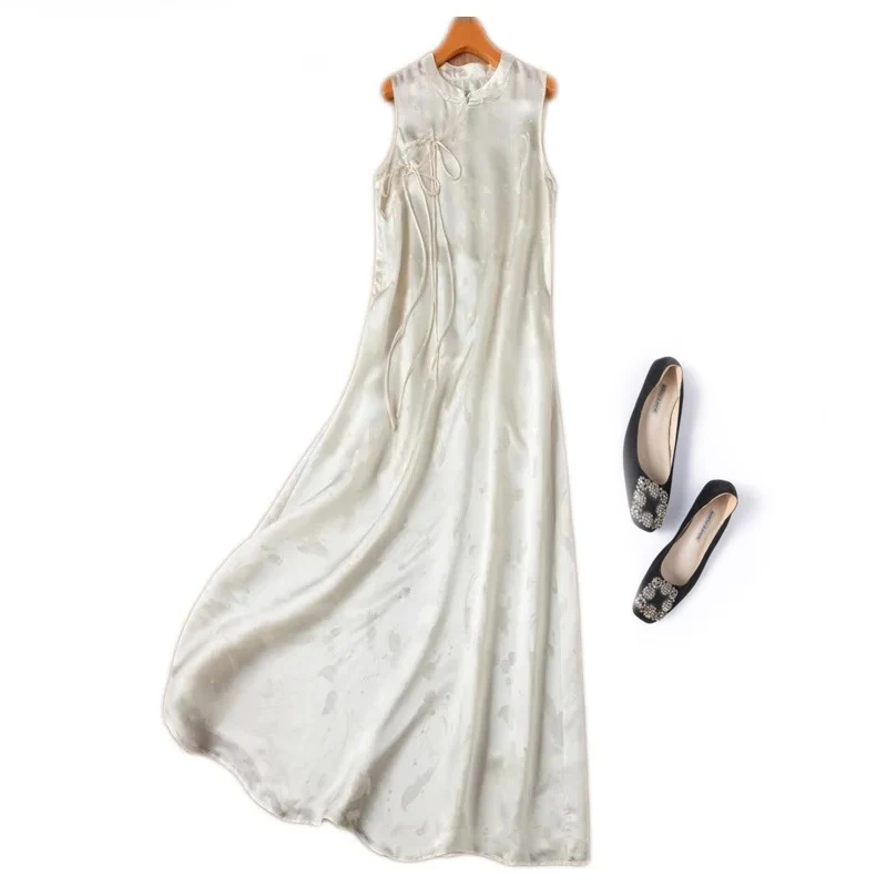 Women's Fashion Clothing 100% Natural Mulberry Silk Jacquard Satin Elongated White Temperament Vest Button Up Dress