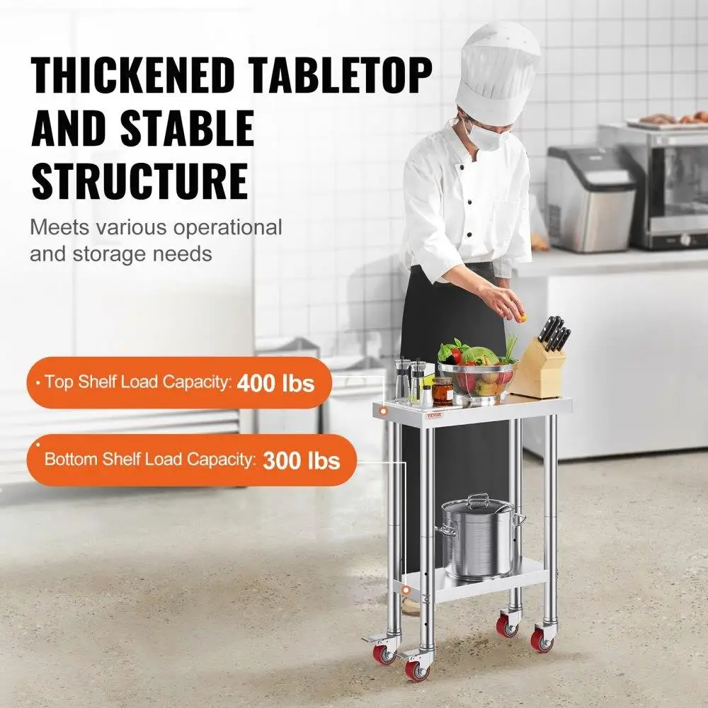 Heavy Duty Stainless Steel Work Table 24x12x32 Inch with 4 Casters for Commercial Kitchen Restaurant Use Prep Table