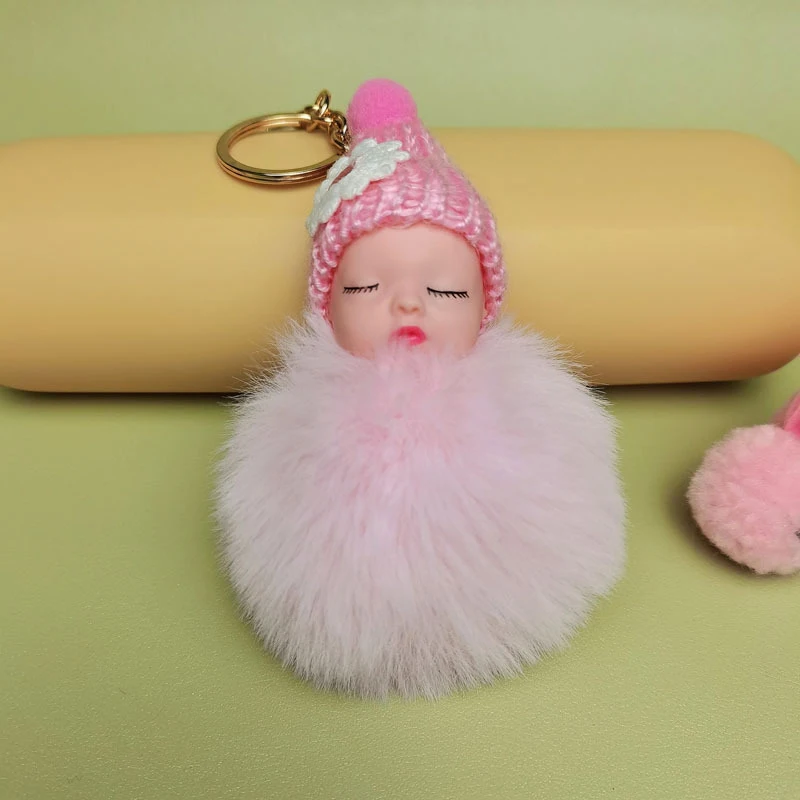 Pompom Sleeping Baby Keychain Cute Fluffy Plush Doll Keychains Women Girl Bag Keyrings Cars Key Ring Jewelry