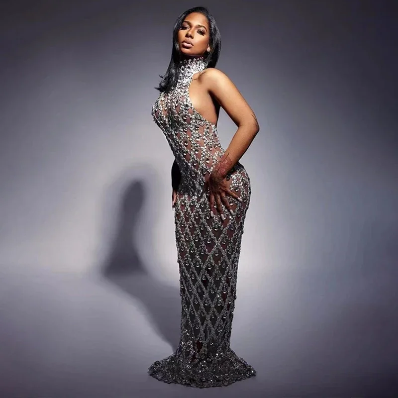 Cristal festival drag queen traje sexy roupas de palco noite festa aniversário cristal lantejoulas malha longo vestido meia-noite