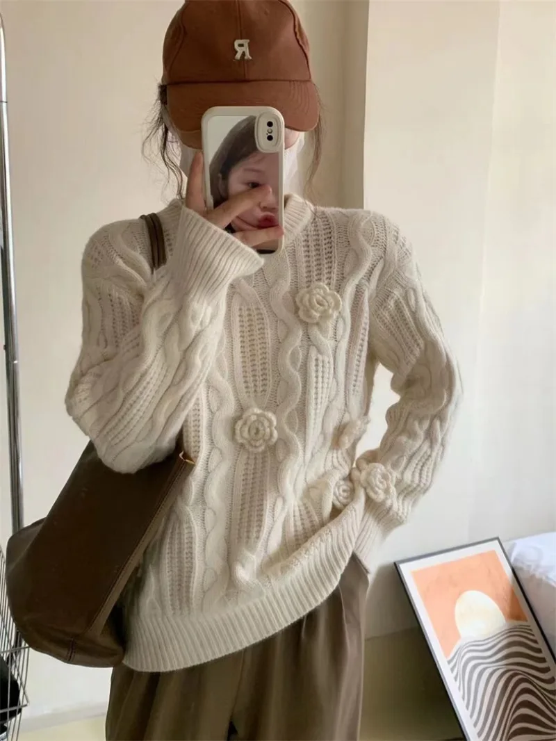 3d flower twist pull Sweater Korean sweet knit loose knitted pullovers femme slouchy style Knitted Sweater Women winter tops