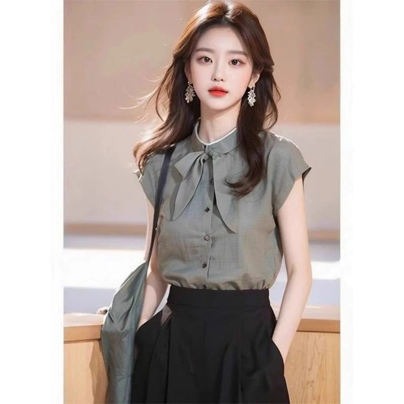 Ele Unique Beautiful ort Sve Loose Fit Stand Collar  Knot Women's irt Korean Sle Commute Faion
