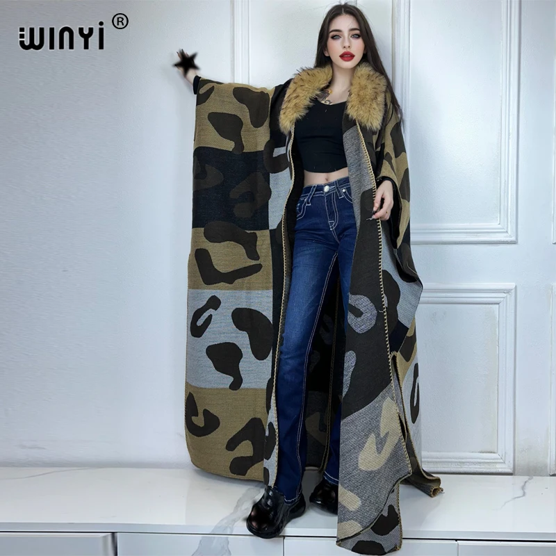 WINYI Africa Artificial fur collar Winter cardigan maxi kimono party dress abaya dubai luxur winter outfits for women down coat