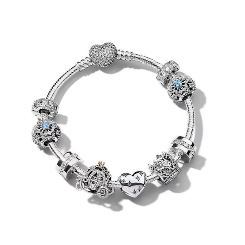 2024 New Disney Mickey Mouse Heart Buckle Snake Chain Bracelet Women's Charm Beads Original Pandora