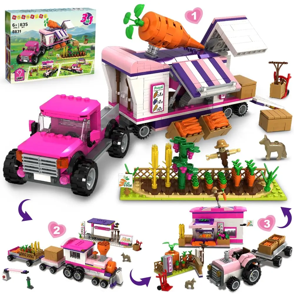 HOGOKIDS-juguetes de construcción de granja 3 en 1, camión de tren de mercado con LED, agrícola, con pegatinas, regalo de cumpleaños para niñas y niños, Age6 +