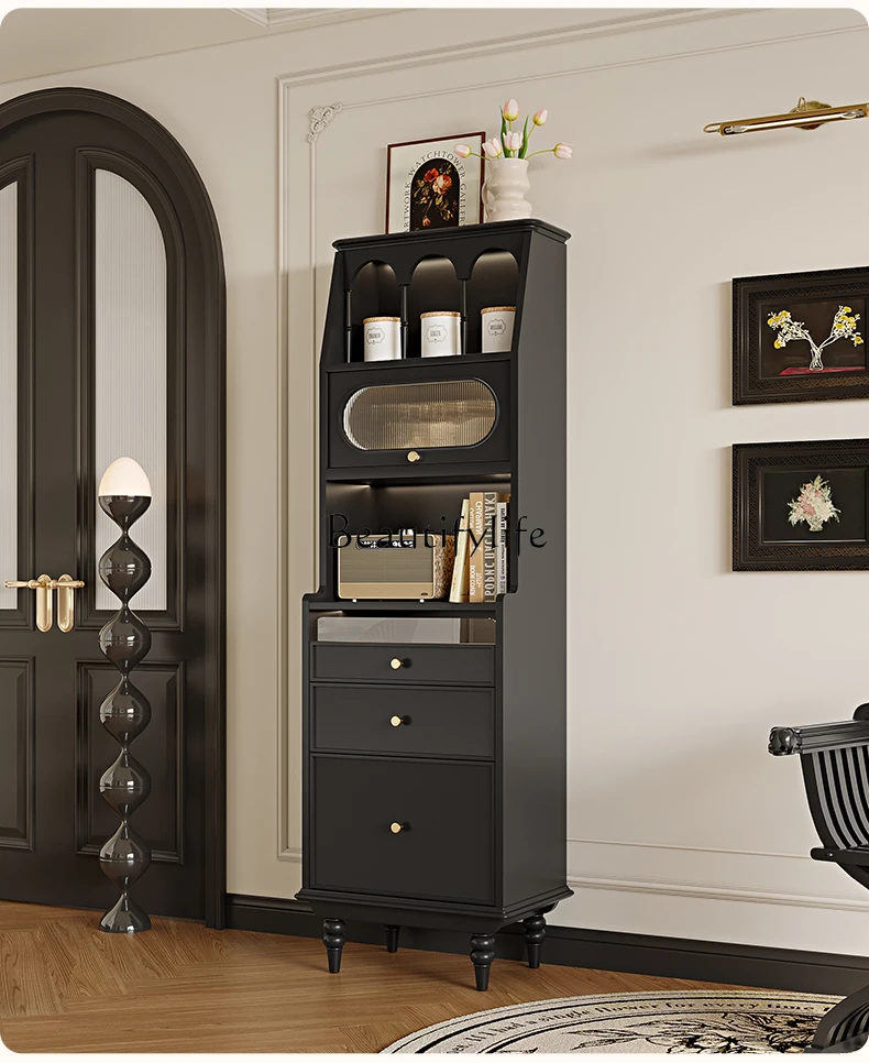 French Retro Black High Cabinet Combination Living Room American Light Luxury Clothes Closet Storage Tea Cabinet