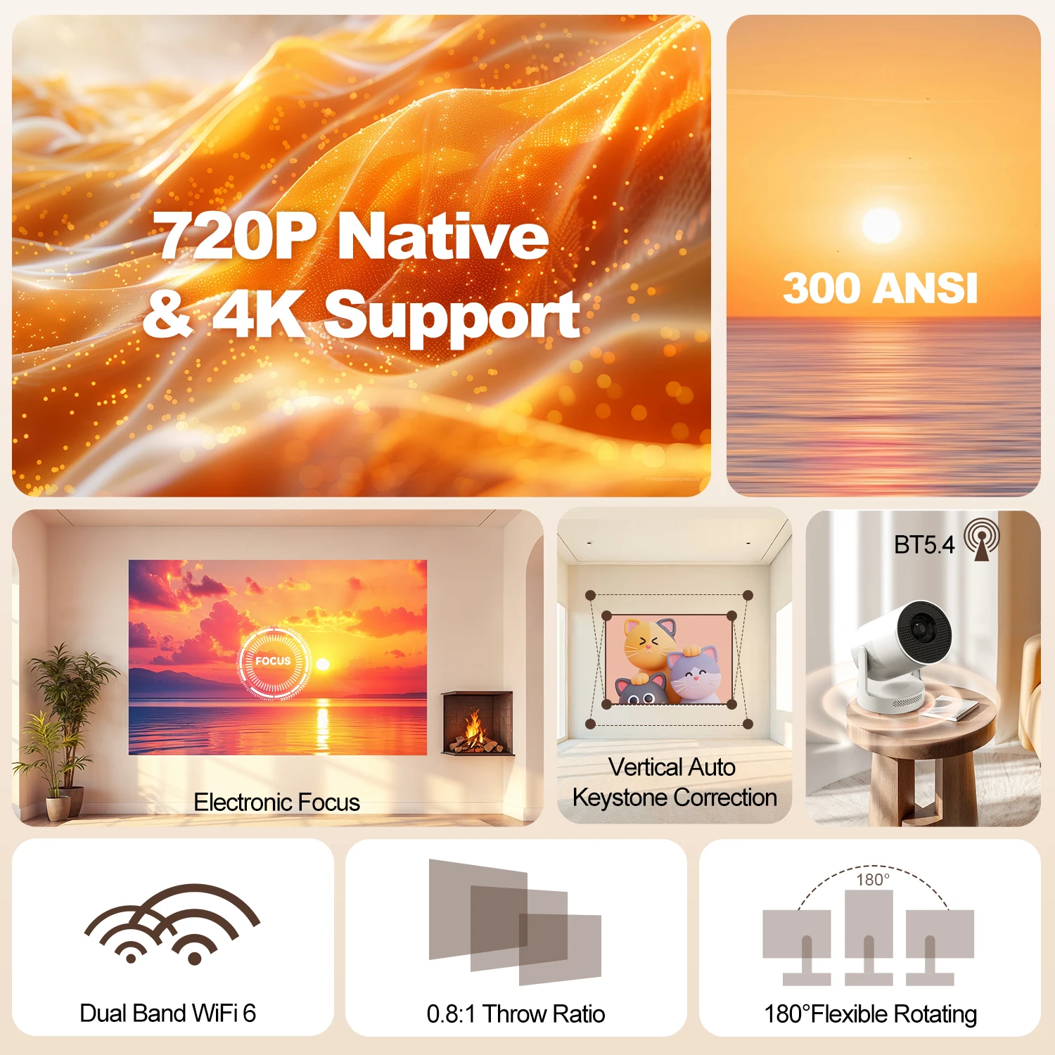 Magcubic 4K HY300 UItra Portable Projector with Electronic Focus 720P 300ANSI Speaker Android11 BT5.4 180° flexible Home Outdoor