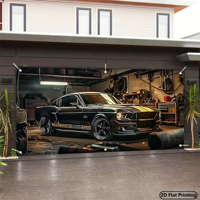 Parking lot banner 2D plane, parking gate banner, classic car, parking lot decoration, black and gold muscle car design
