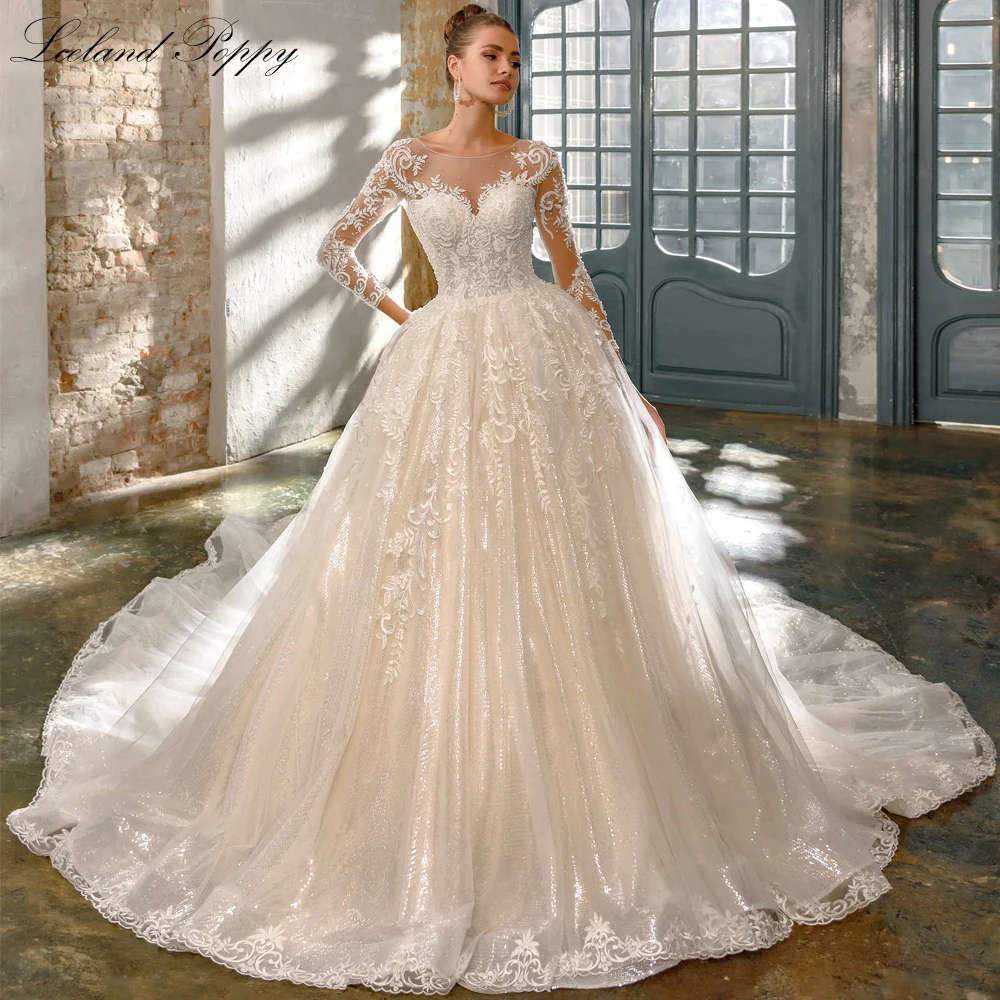 

Lceland Poppy Scoop Neck A Line Princess Beaded Wedding Dresses Full Sleeves Sequined Lace Bridal Gowns with Cathedral Train