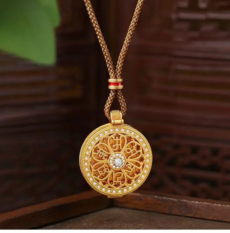 New Chinese Style Light Luxury Gold Plated Eight Treasures Compass Pendant Necklace, Vintage Craft Openable Buddha Bless Peace C