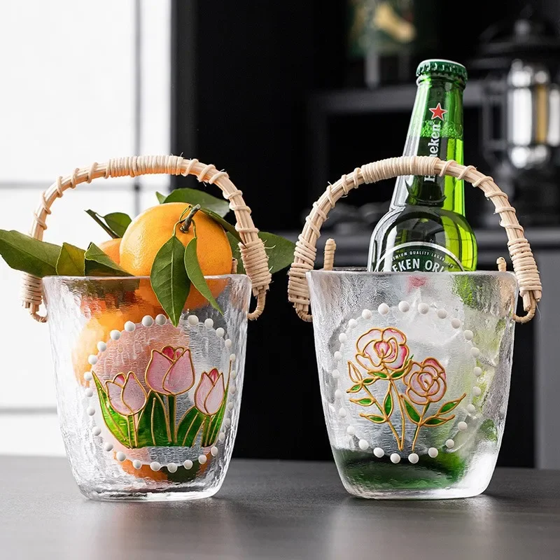 Rattan Woven Handle Glass Ice Bucket Hand Painted Flower Hammered Glass Beverage Cooler Fruit Storage Bucket Wine Chiller Basket