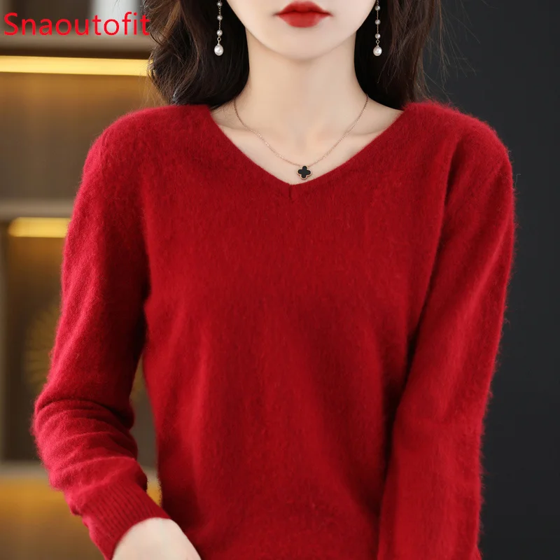 Autumn and Winter New Female Pure Mink Cashmere Sweater Woman V-neck Waist in Slimming Knit Jumper Fallow Fever Heat Warm Top