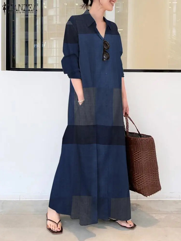 ZANZEA 2023 Autumn Dresses Women Vintage Check Shirt Dress Casual Loose Holiday Robe Full Sleeve Lapel Maxi Long Vestidos Kaftan