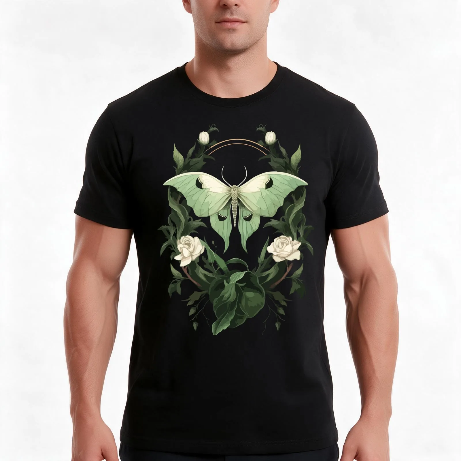 Green Luna Moth T-Shirt, Summer Casual Cotton Tee, Oversized Streetwear Tops, Vintage Graphic Print, Loose Fit Short Sleeve