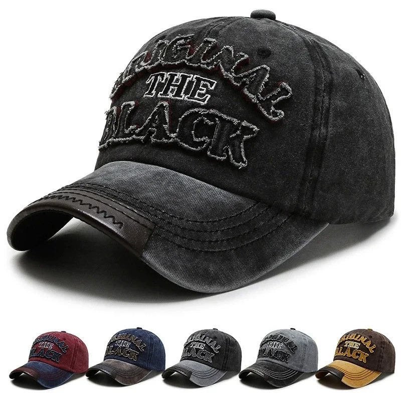 1 unisex all season wearing pure cotton washed Retro Leather splicing cloth pasting large embroidery black baseball cap