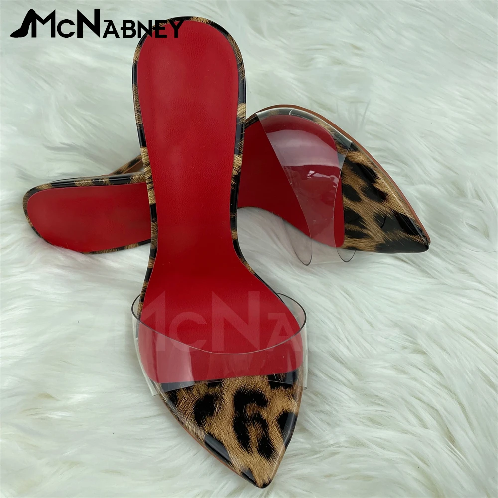 

PVC Leopard Print Mules Sexy Pointed Toe Shoes Super High Heel Stiletto Summer Shoes Slip-On Women's Sandals Sexy Style Slippers