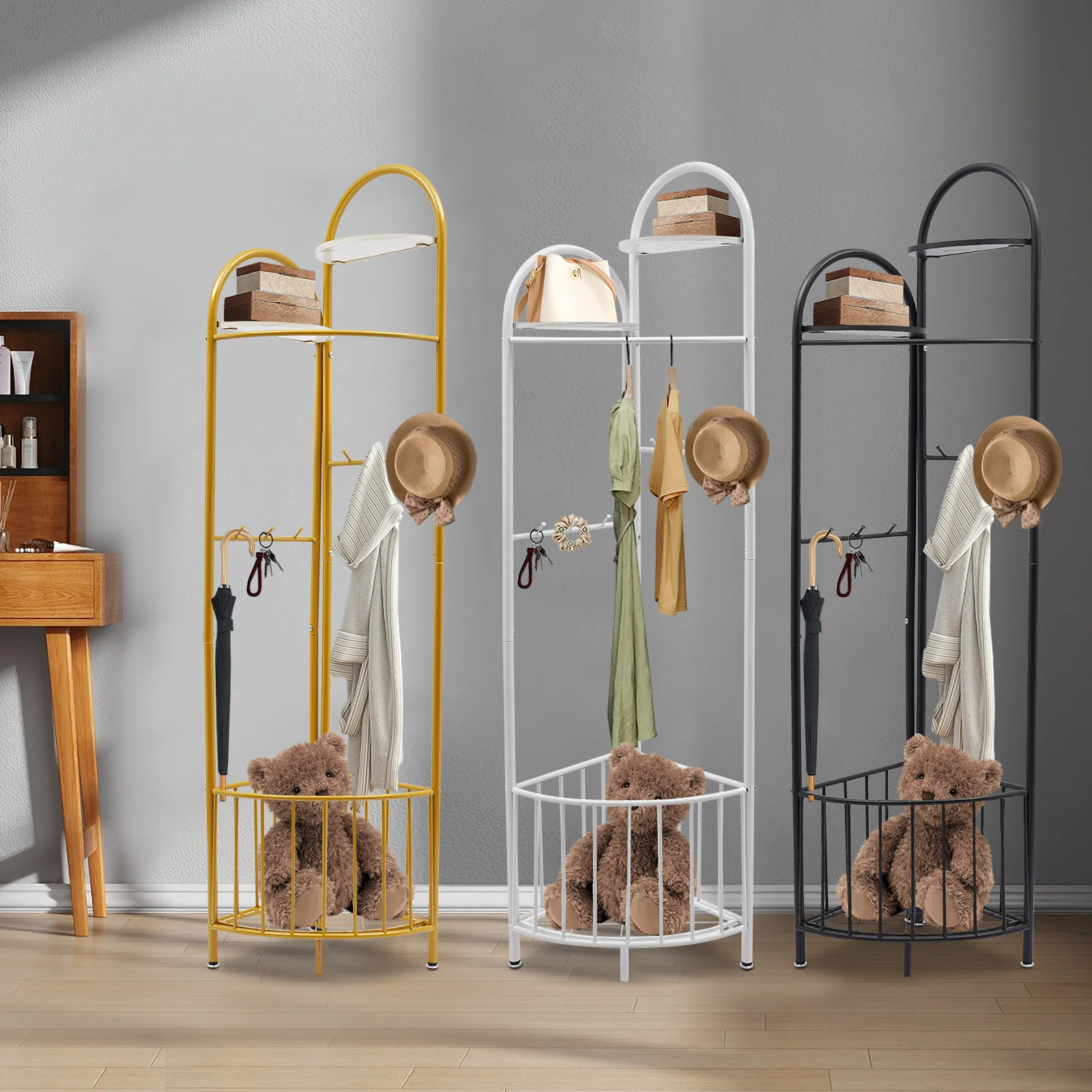 

Corner Coat Rack with Storage, Metal Corner Clothes Rack for Bedroom Entryway, Multifunctional Corner Clothing Rack with Basket