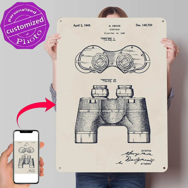 Binoculars Patent Metal Poster Customized Wall Art Retro Vintage Metal Signs for Man Cave Gamer Decoration Room Home Decorations