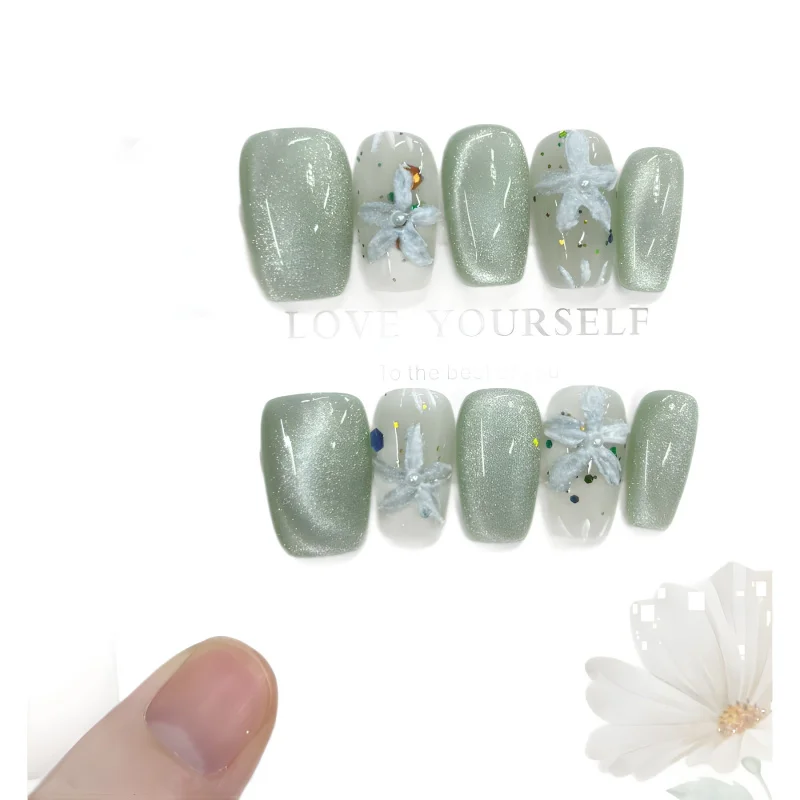 Nailover  Hand-Painted Plaster Flowers on Chinese Ice Mint Green Cat's Eye