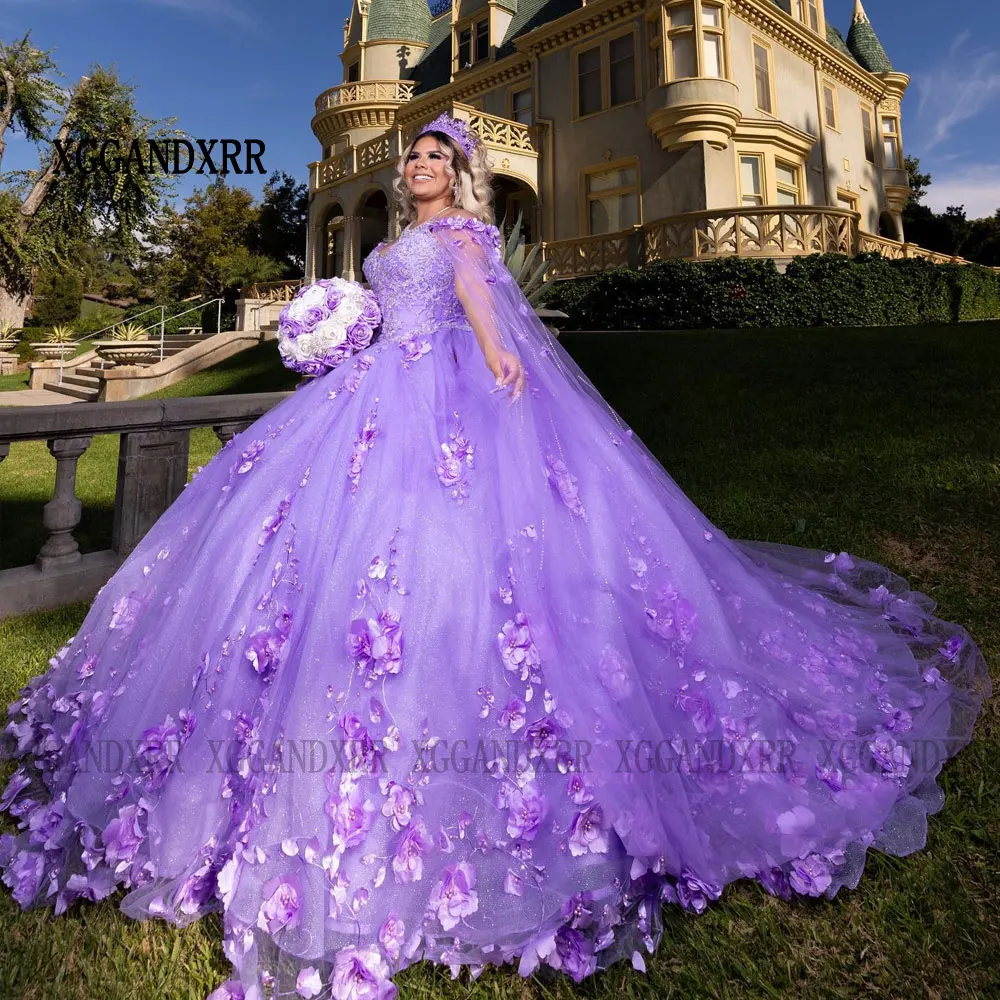 

Лавандовое бальное платье Quinceanera Dress 2025 3D Floral Princess Lilac Sweet 16 Vestido De XV Años Вечернее платье из тюля накидка размера плюс