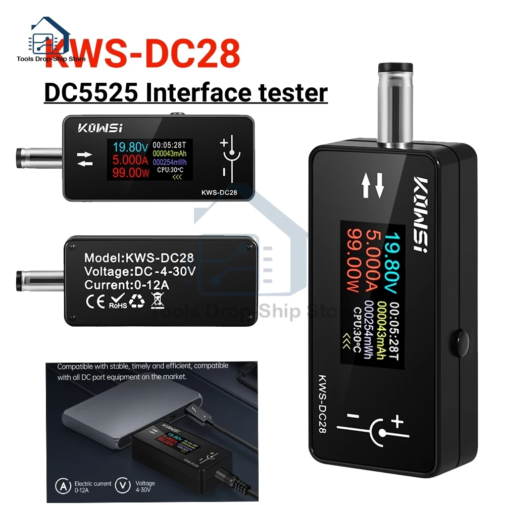 KWS-DC28 Current Voltage Tester 4-30V 12A Interface Tester 0.96 inch TFT Digital DC Voltage Ammeter Cell Phone Charging Tester