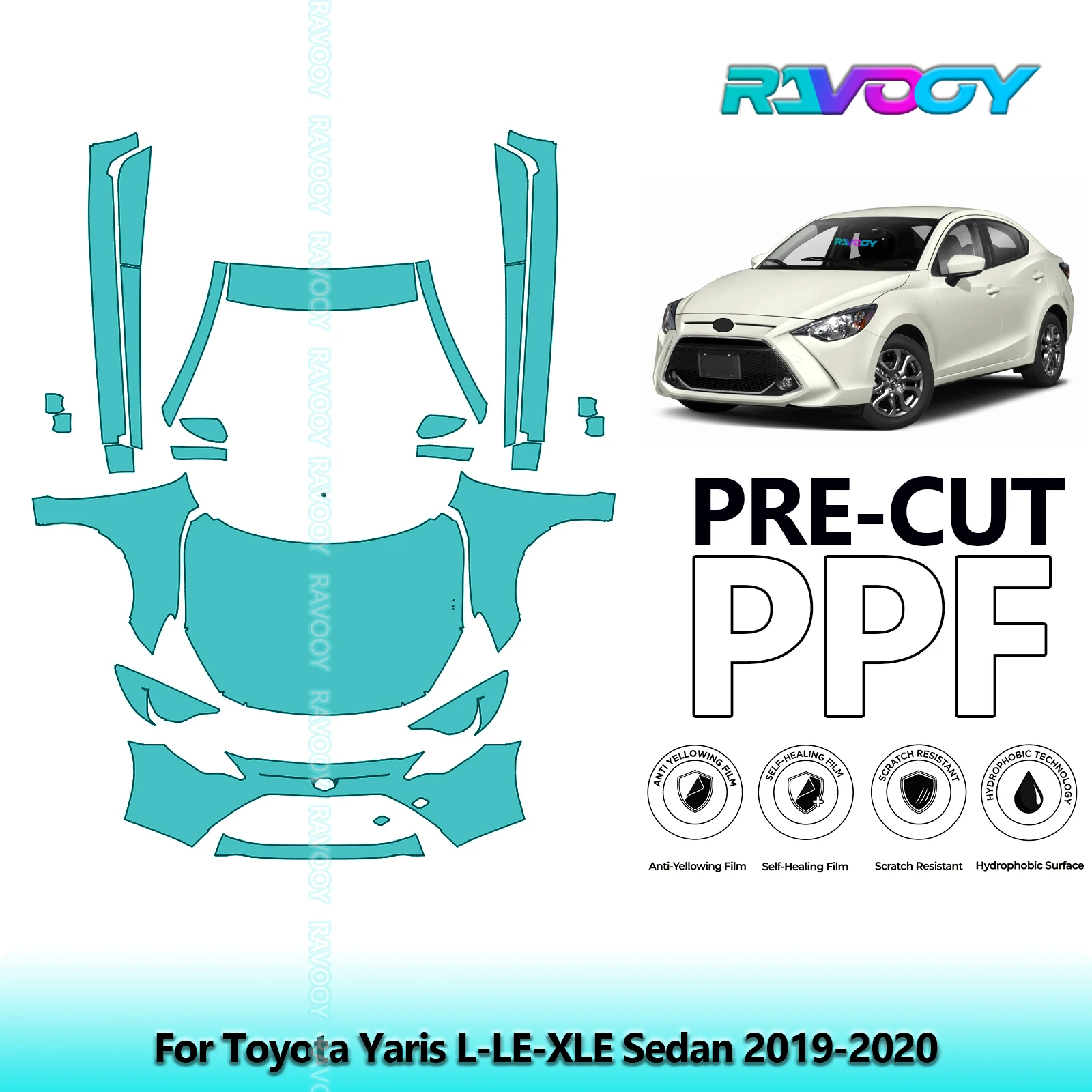 

8.5Mil Precut Paint Protection Film PPF Clear Bra Front Kit+Rockers For Toyota Yaris L-LE-XLE Sedan 2019-2020